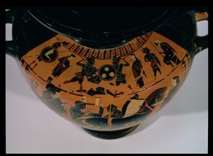 Idria a figure nere attiche (dettaglio della spalla decorata con una scena di battaglia, VI-V secolo a.C.)